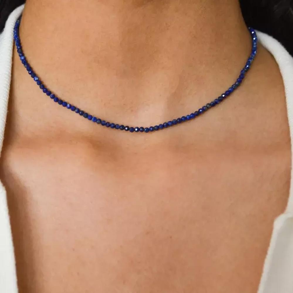 Natural Blue Lapis Beaded Necklace Lapis Lazuli Stone Choker Healing Crystal