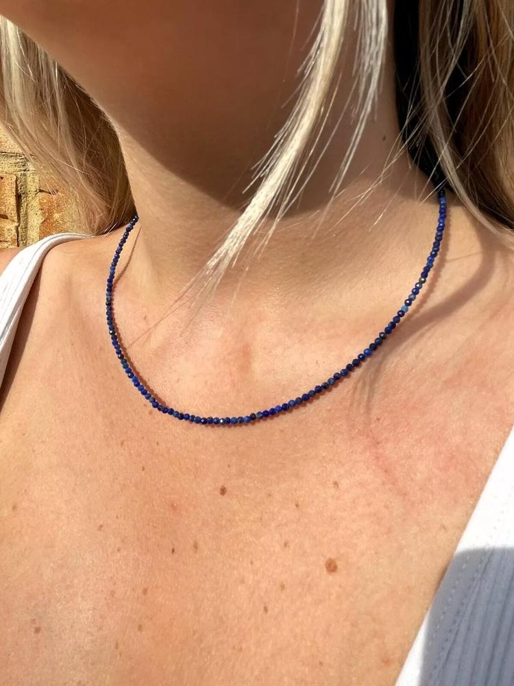 Natural Blue Lapis Beaded Necklace Lapis Lazuli Stone Choker Healing Crystal