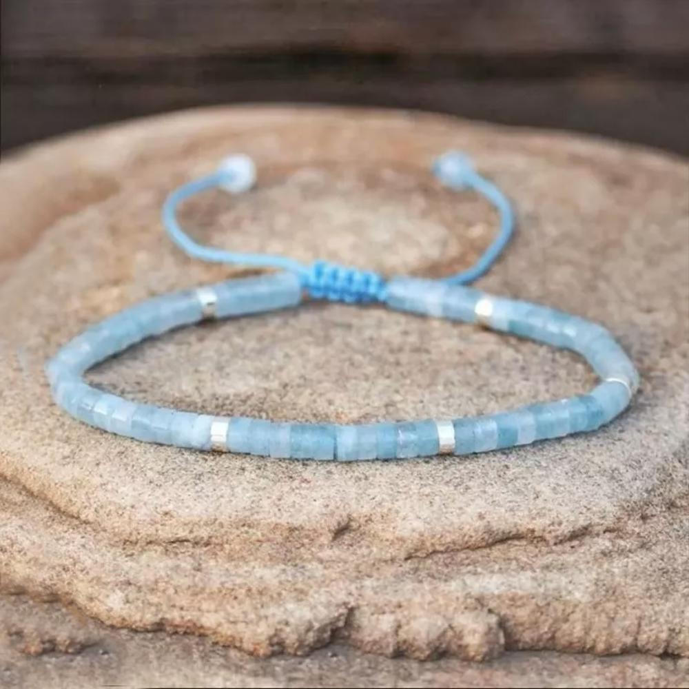 Natural Aquamarine Tibetan Tube Beads Energy Crystal Dainty Handmade Bracelet