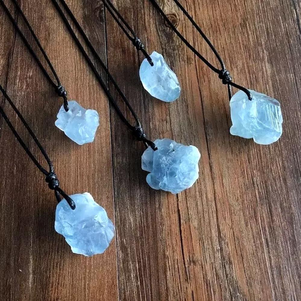 Raw Aquamarine Blue Crystal Pendant Healing Reiki Amulet Women Men Necklace Gift