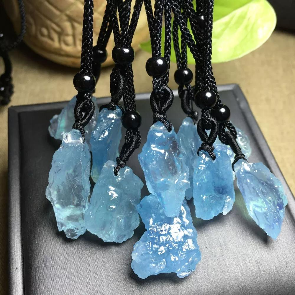 Raw Aquamarine Blue Crystal Pendant Healing Reiki Amulet Women Men Necklace Gift