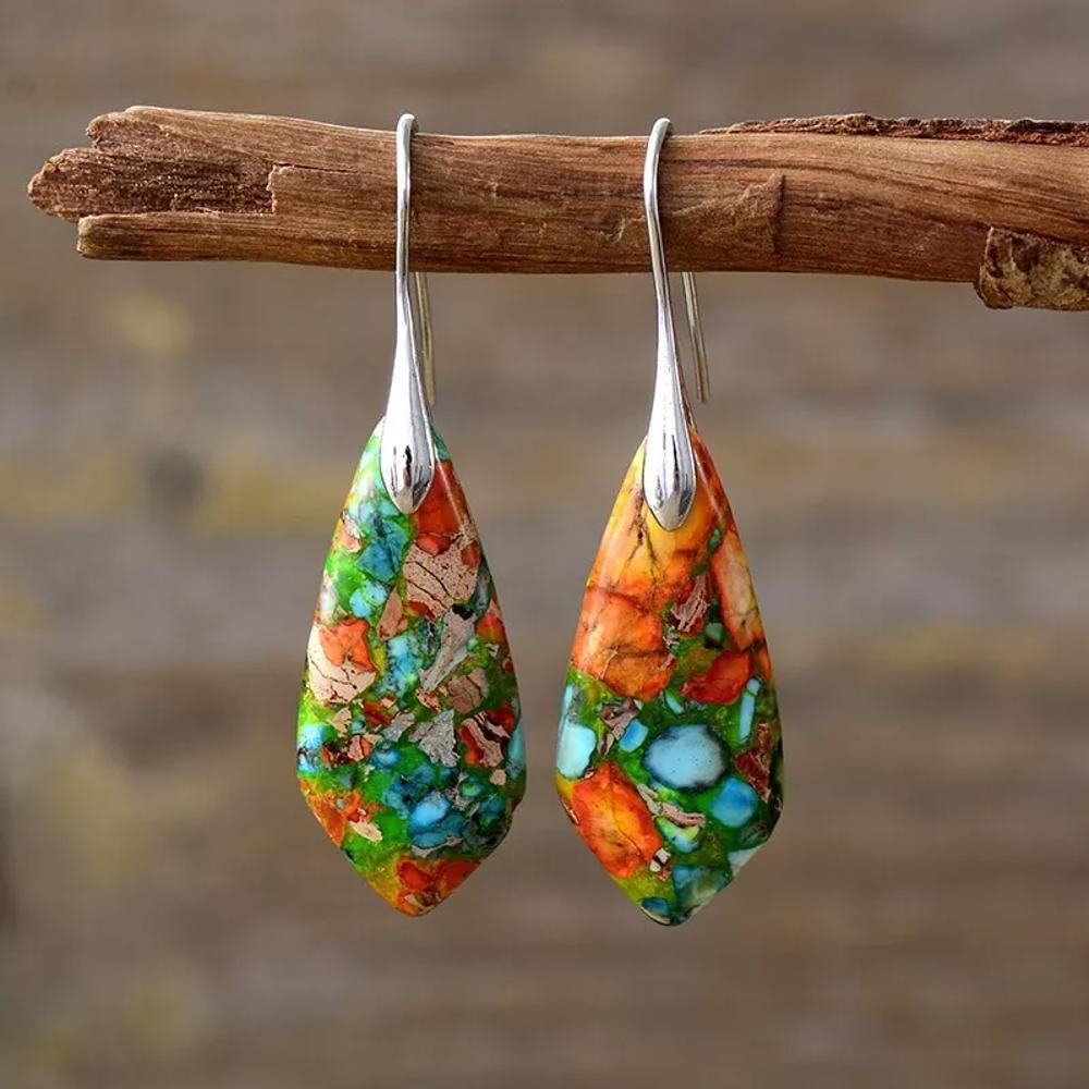 Natural Colorful Imperial Jasper Drop Earrings Sea Sediment Stone Dangle Earring