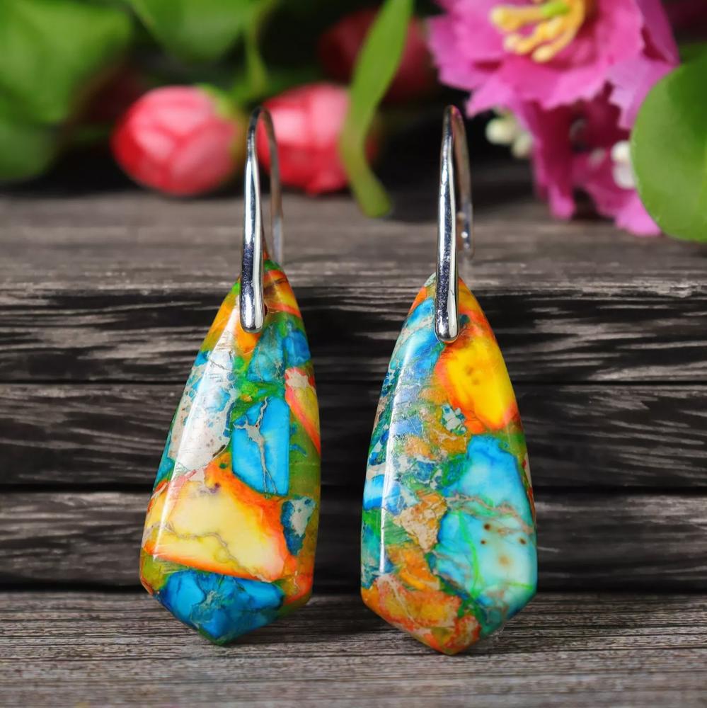 Natural Colorful Imperial Jasper Drop Earrings Sea Sediment Stone Dangle Earring