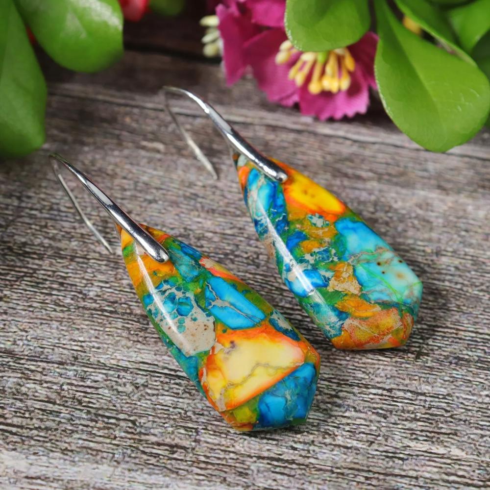 Natural Colorful Imperial Jasper Drop Earrings Sea Sediment Stone Dangle Earring