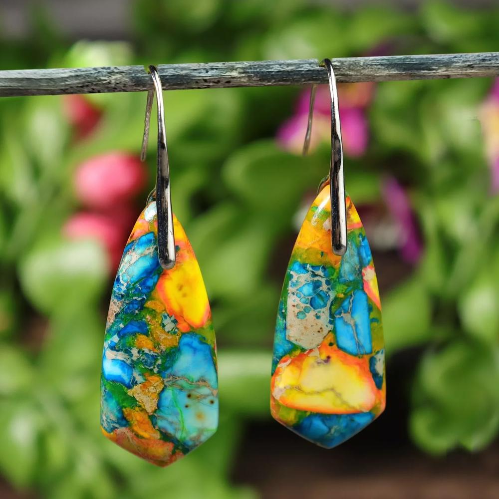 Natural Colorful Imperial Jasper Drop Earrings Sea Sediment Stone Dangle Earring