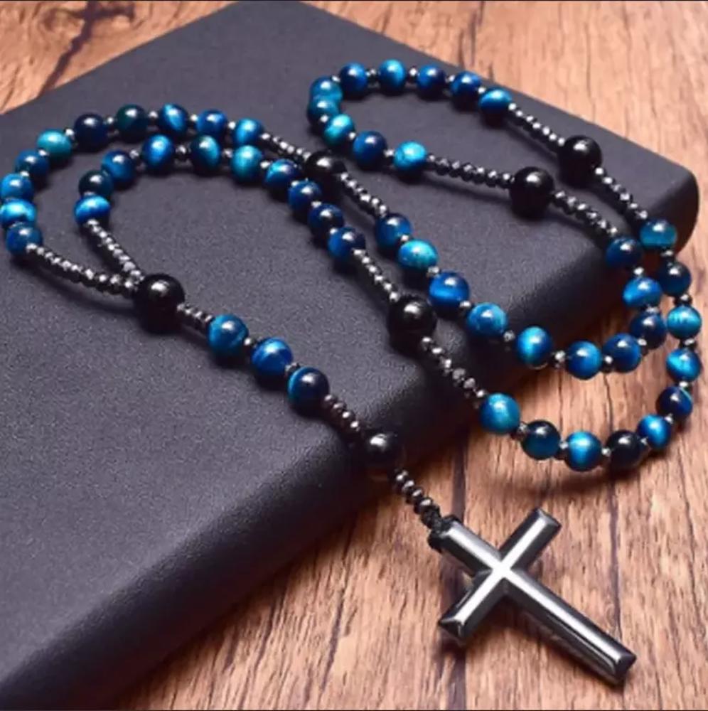 Natural Blue Tiger Eye Hematite Cross Pendant Onyx Beads Protection Necklace for Men