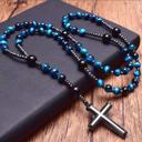  Natural Blue Tiger Eye Hematite Cross Pendant Onyx Beads Protection Necklace for Men