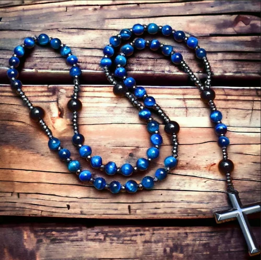 Natural Blue Tiger Eye Hematite Cross Pendant Onyx Beads Protection Necklace for Men