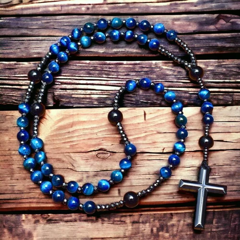 Natural Blue Tiger Eye Hematite Cross Pendant Onyx Beads Protection Necklace for Men