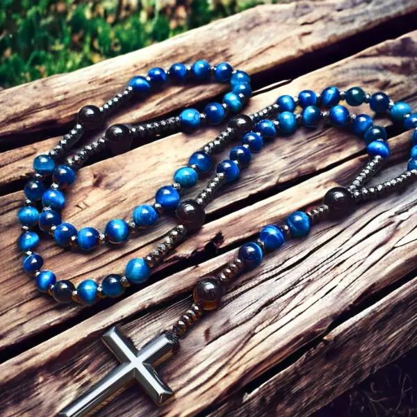 Natural Blue Tiger Eye Hematite Cross Pendant Onyx Beads Protection Necklace for Men