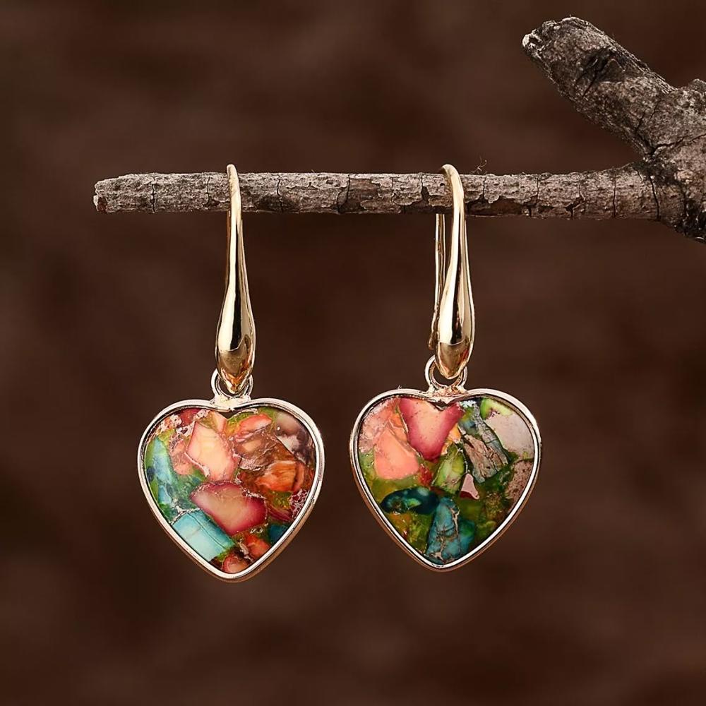 Sea Sediment Jasper Stone Heart Dangle Earrings Natural Gemstone Drop Earrings