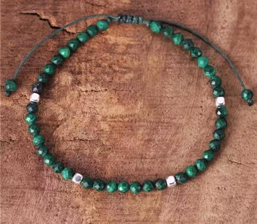 Green Malachite 4mm Faceted Tibetan Bead Healing Reiki Dainty Women Men Bracelet