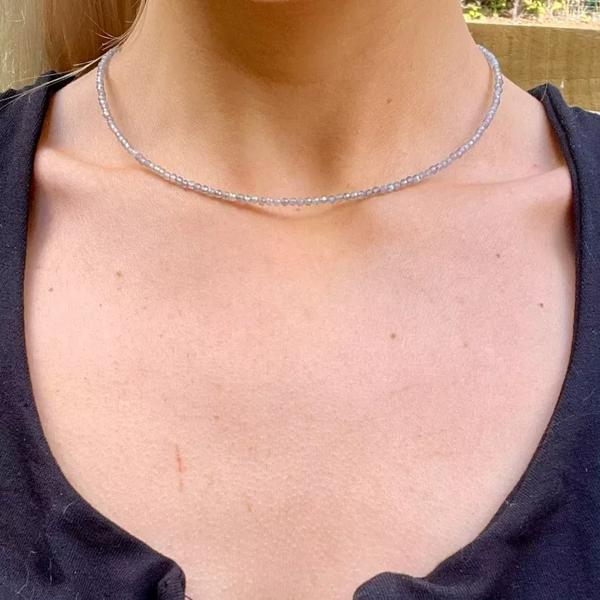 Natural Labradorite 2mm Beaded Choker Healing Reiki Dainty Women Skinny Necklace