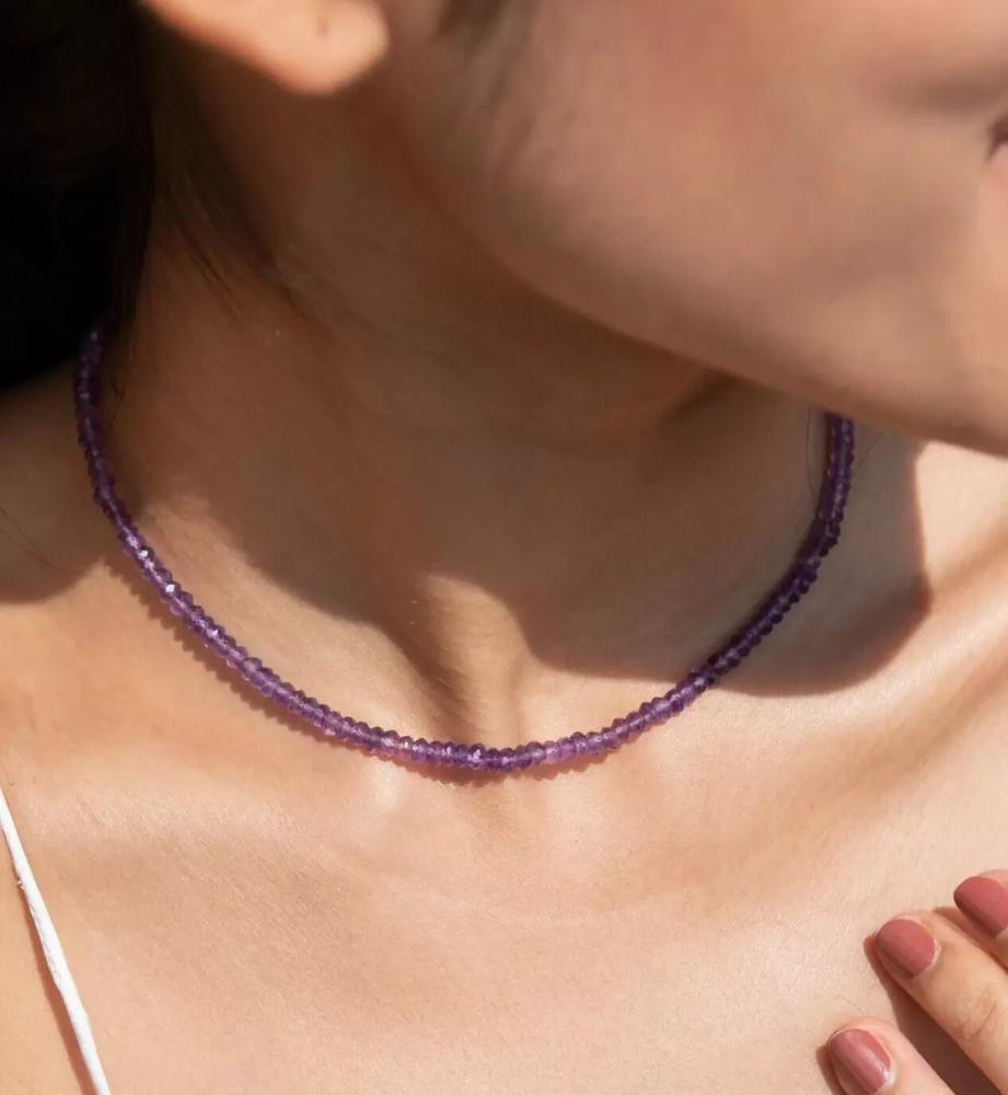 Amethyst Faceted Beaded Choker Natural Purple Gemstone Dainty Necklace Handmade