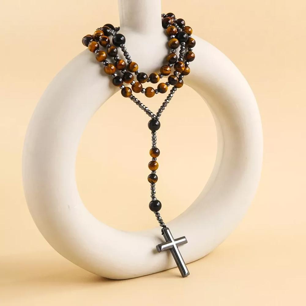 Tiger's Eye Rosary Beads Catholic Christ Hematite Cross Pendant Healing Necklace