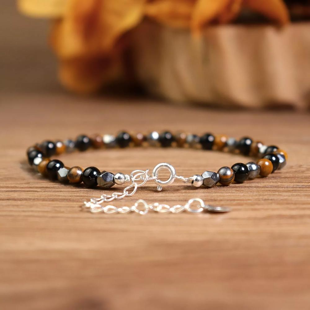 Triple Protection Hematite Tiger Eye Obsidian Beaded Healing Women Bracelet Gift