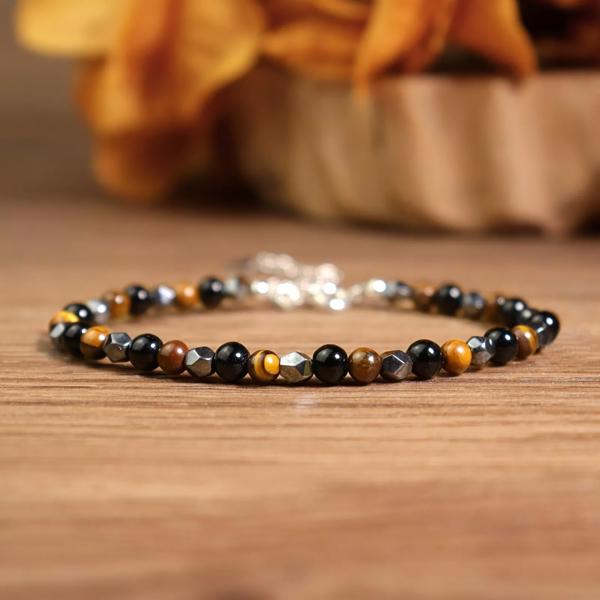 Triple Protection Hematite Tiger Eye Obsidian Beaded Healing Women Bracelet Gift