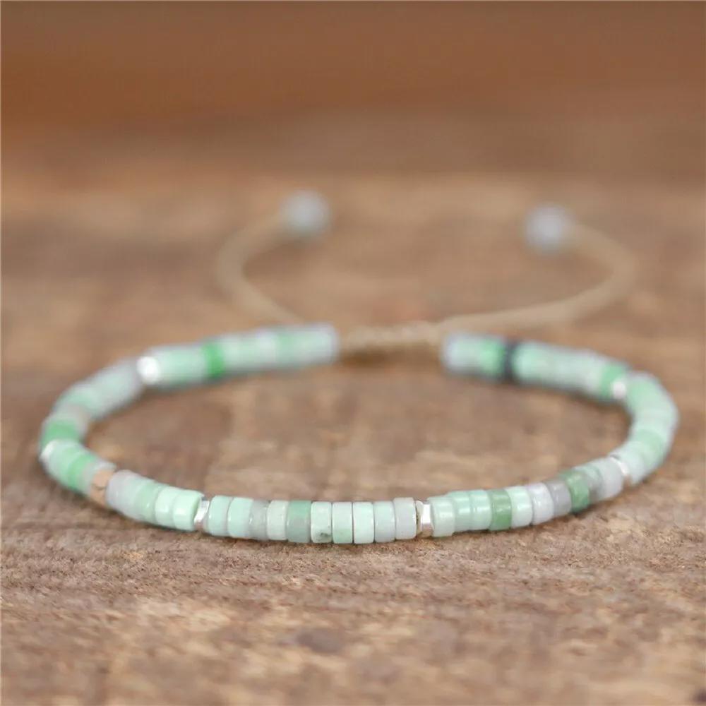 Natural Green Jade Stone Dainty Bracelet Green Stone Braided Bracelet Minimalist