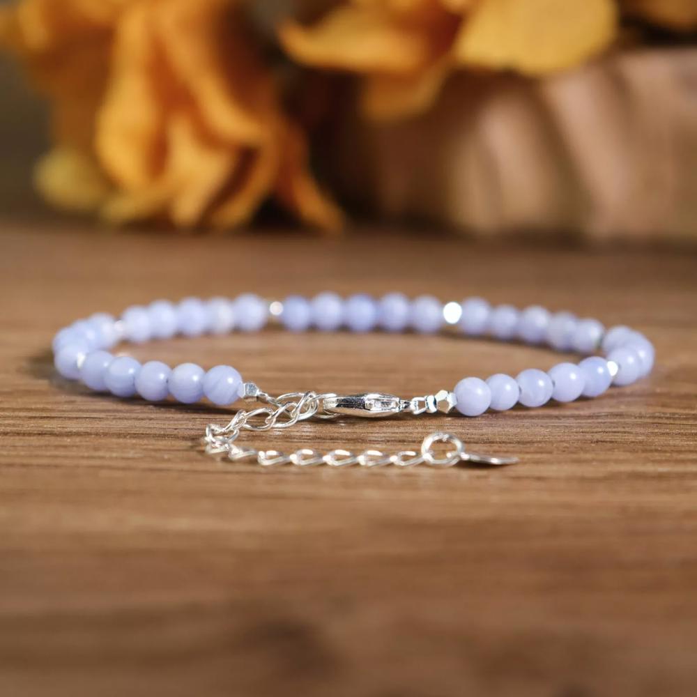 Blue Lace Agate Small 4mm Gemstone Beads Healing Reiki Sterling Silver Bracelet