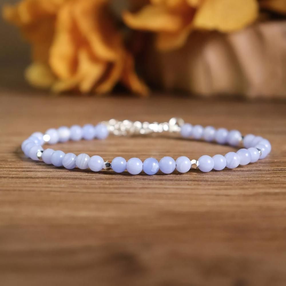 Blue Lace Agate Small 4mm Gemstone Beads Healing Reiki Sterling Silver Bracelet