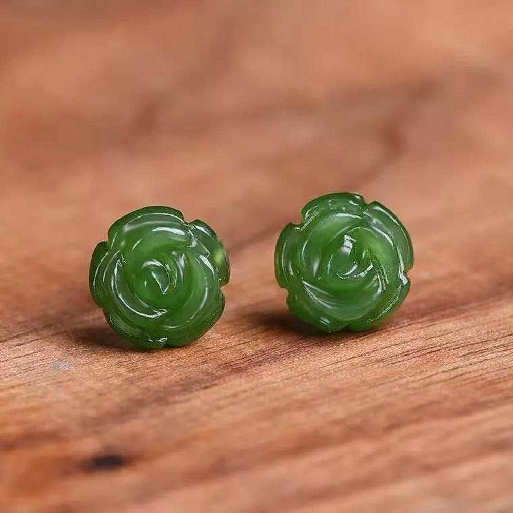 Natural Green Jade Stone Flower Stud Earrings Silver Post Earrings Handmade