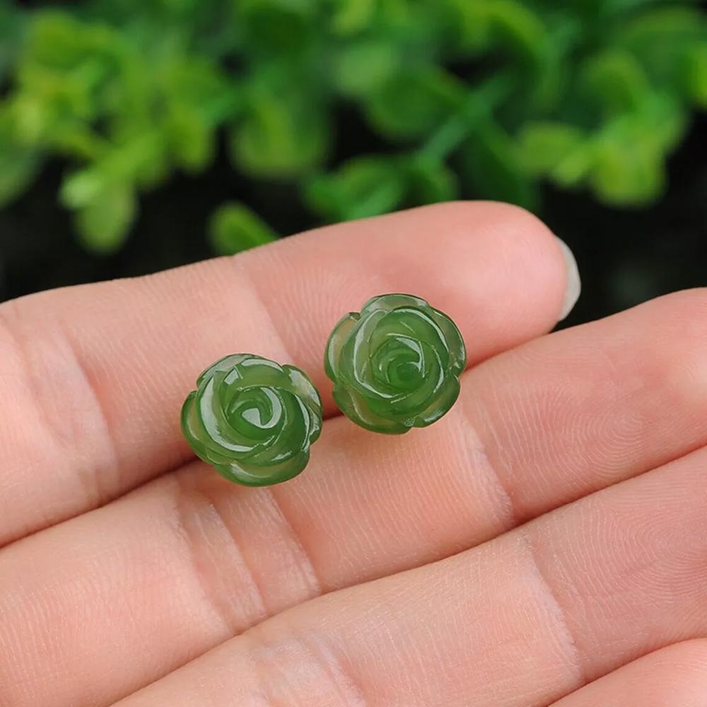 Natural Green Jade Stone Flower Stud Earrings Silver Post Earrings Handmade