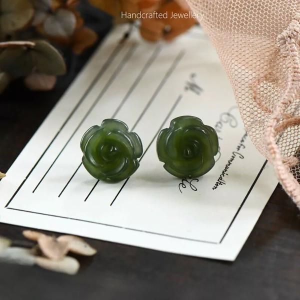 Natural Green Jade Stone Flower Stud Earrings Silver Post Earrings Handmade