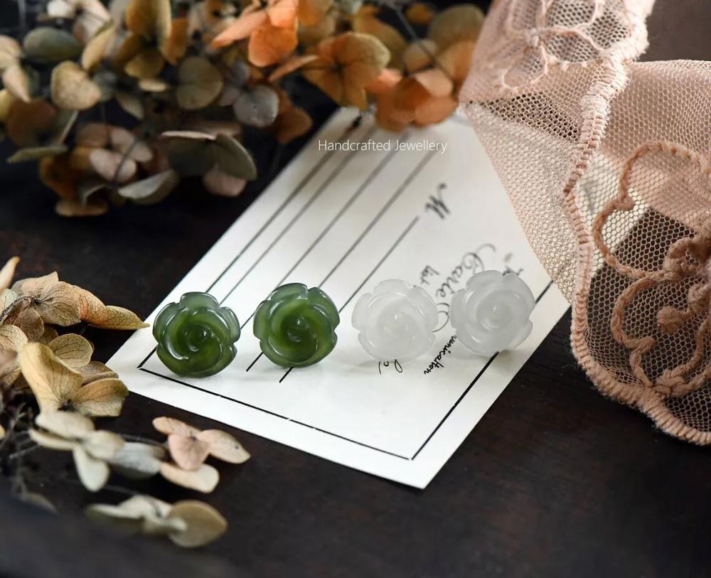 Natural Green Jade Stone Flower Stud Earrings Silver Post Earrings Handmade