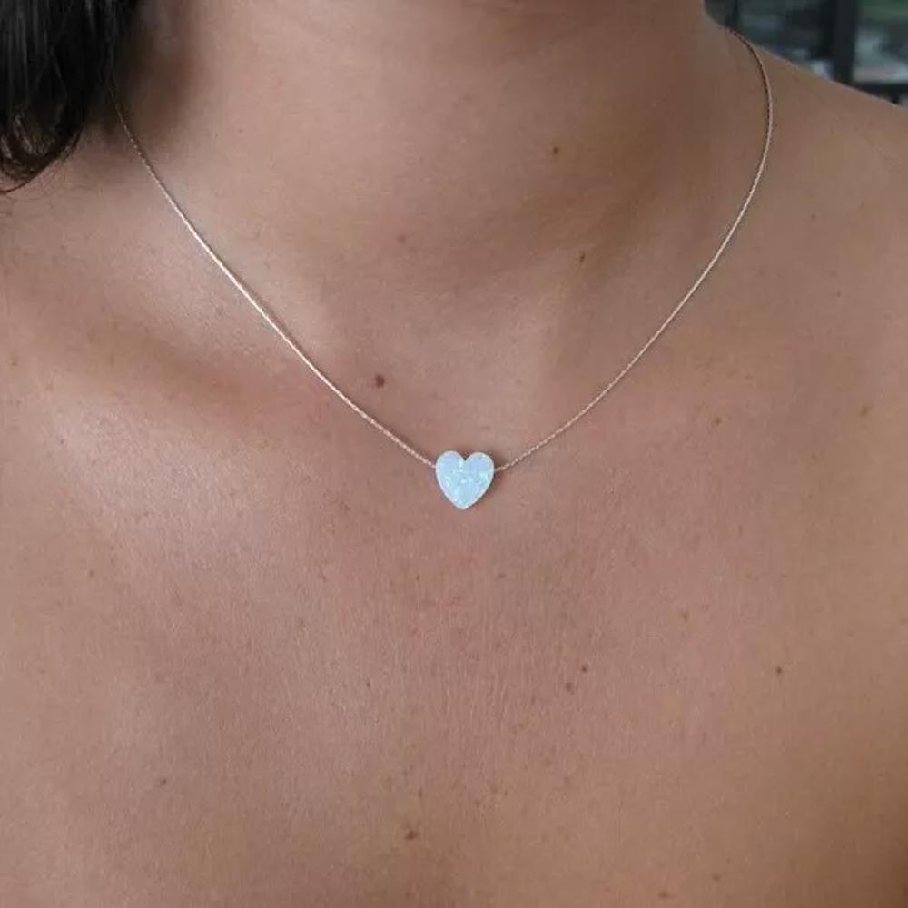 White Fire Opal Heart Pendant Dainty Sterling Silver Women Girls Necklace Gifts