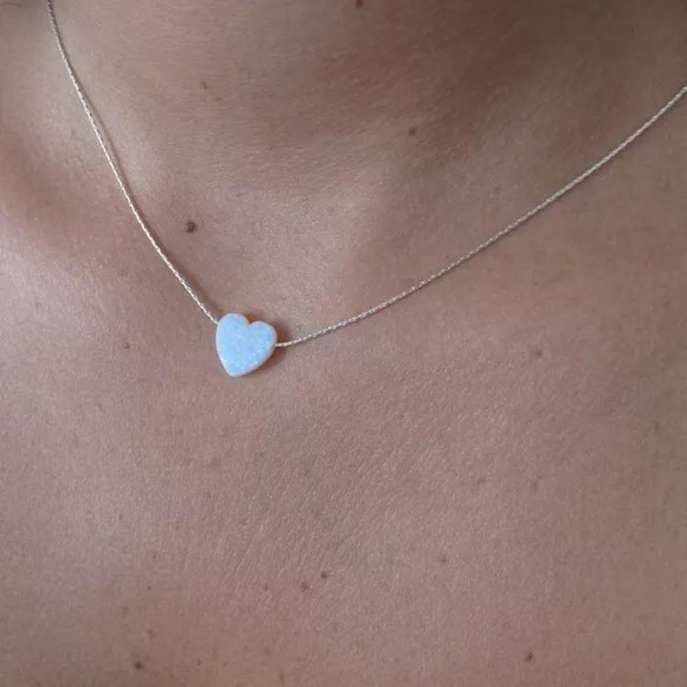 White Fire Opal Heart Pendant Dainty Sterling Silver Women Girls Necklace Gifts