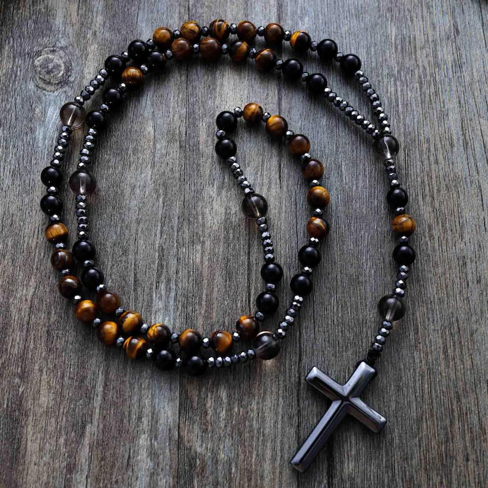 Black Yellow Tiger Eye Beaded Hematite Cross Necklace | Hand Knotted Beads Necklace | Handmade Necklace