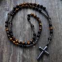  Black Yellow Tiger Eye Beaded Hematite Cross Necklace | Hand Knotted Beads Necklace | Handmade Necklace