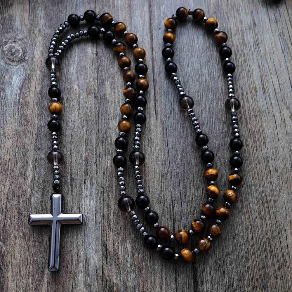 Black Yellow Tiger Eye Beaded Hematite Cross Necklace | Hand Knotted Beads Necklace | Handmade Necklace