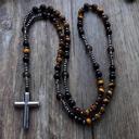  Black Yellow Tiger Eye Beaded Hematite Cross Necklace | Hand Knotted Beads Necklace | Handmade Necklace