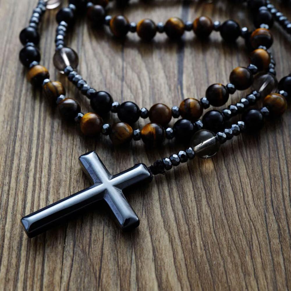 Black Yellow Tiger Eye Beaded Hematite Cross Necklace | Hand Knotted Beads Necklace | Handmade Necklace