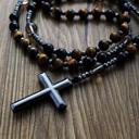  Black Yellow Tiger Eye Beaded Hematite Cross Necklace | Hand Knotted Beads Necklace | Handmade Necklace