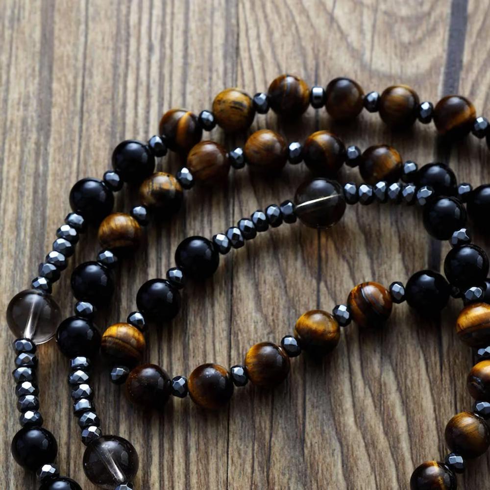 Black Yellow Tiger Eye Beaded Hematite Cross Necklace | Hand Knotted Beads Necklace | Handmade Necklace