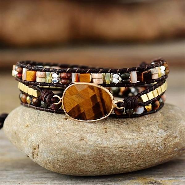 Natural Tiger Eye Jasper Leather Wrap Cuff Bracelet for Protection Hand Woven