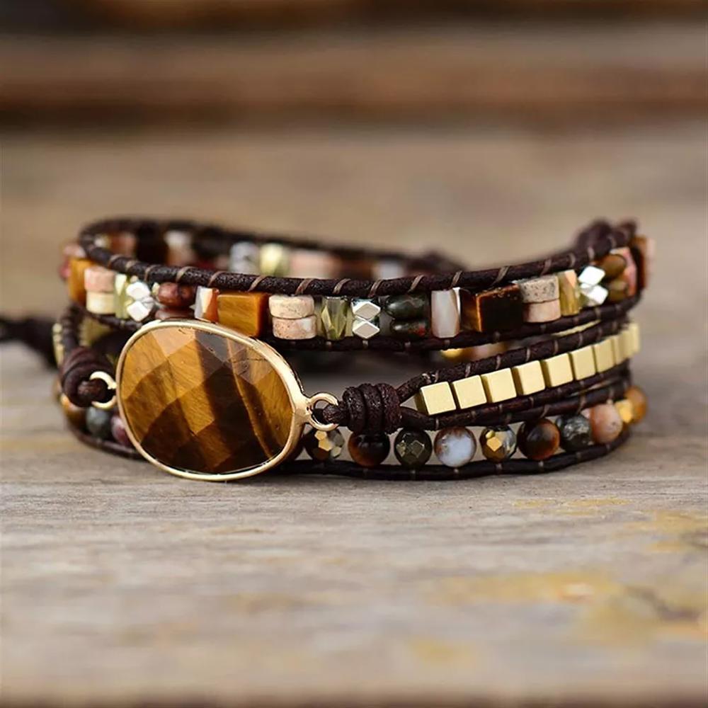 Natural Tiger Eye Jasper Leather Wrap Cuff Bracelet for Protection Hand Woven