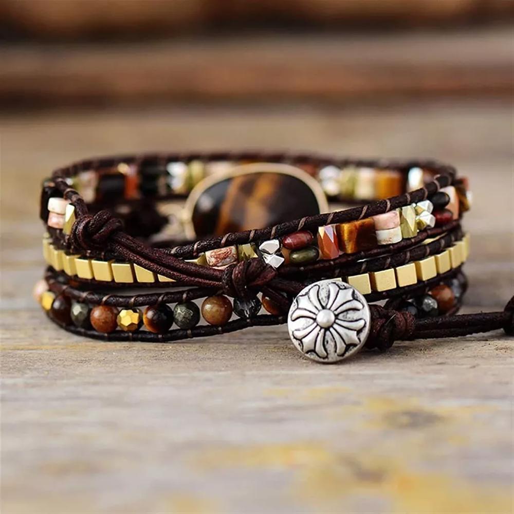 Natural Tiger Eye Jasper Leather Wrap Cuff Bracelet for Protection Hand Woven