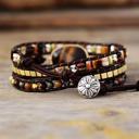  Natural Tiger Eye Jasper Leather Wrap Cuff Bracelet for Protection Hand Woven