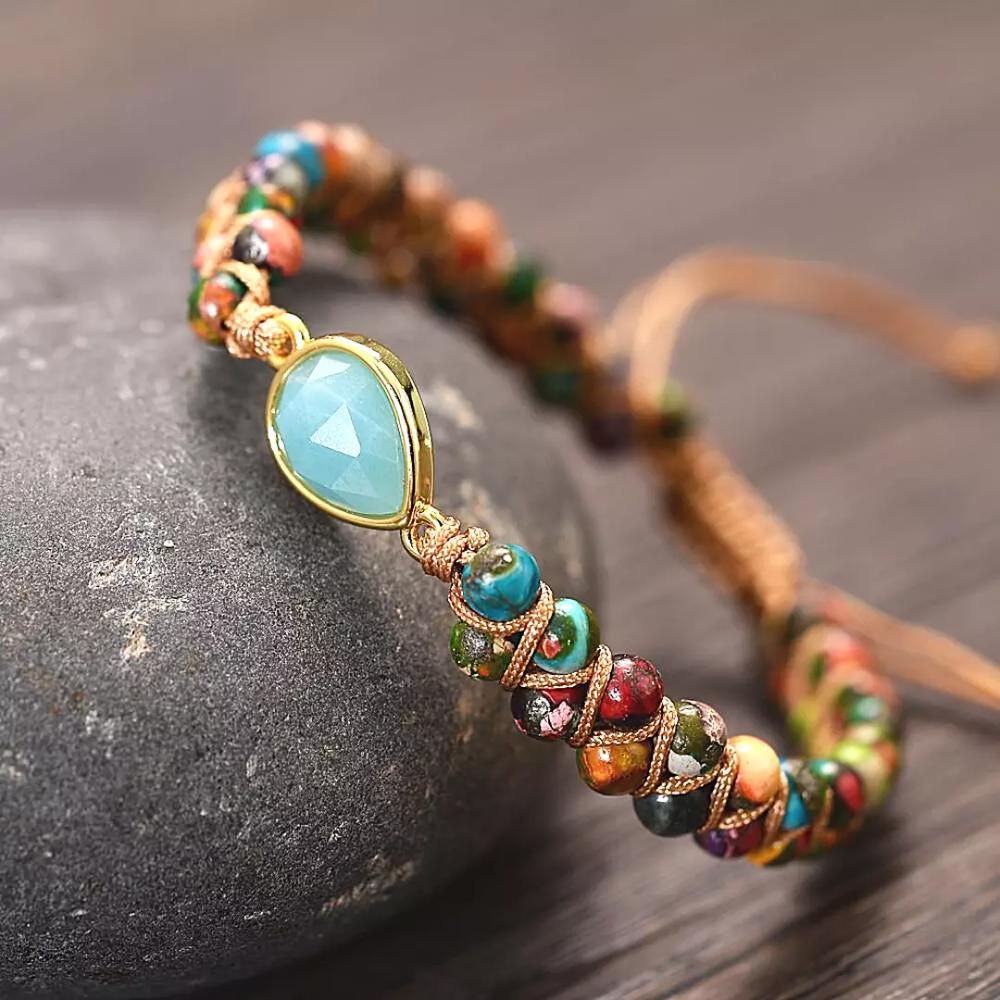 Natural Jasper Stone Beaded Bracelet Amazonite Gemstone Teardrop Charm Bracelet