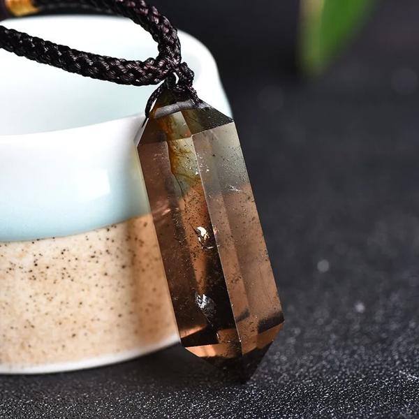 Raw Smoky Quartz Pendant Healing Amulet Talisman Hexagonal Point Necklace Gifts