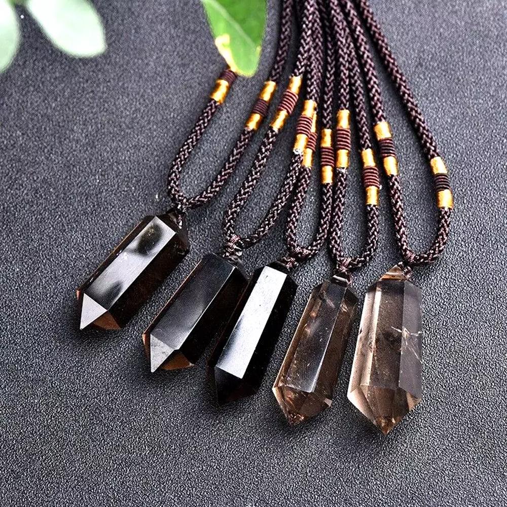 Raw Smoky Quartz Pendant Healing Amulet Talisman Hexagonal Point Necklace Gifts