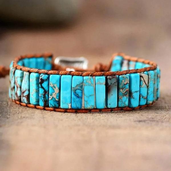 Natural Turquoise Tube Leather Braided Bracelet for Protection Healing Handmade