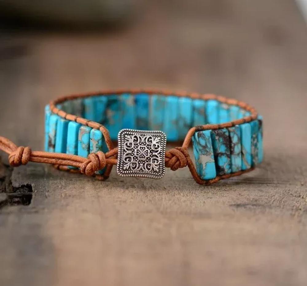 Natural Turquoise Tube Leather Braided Bracelet for Protection Healing Handmade