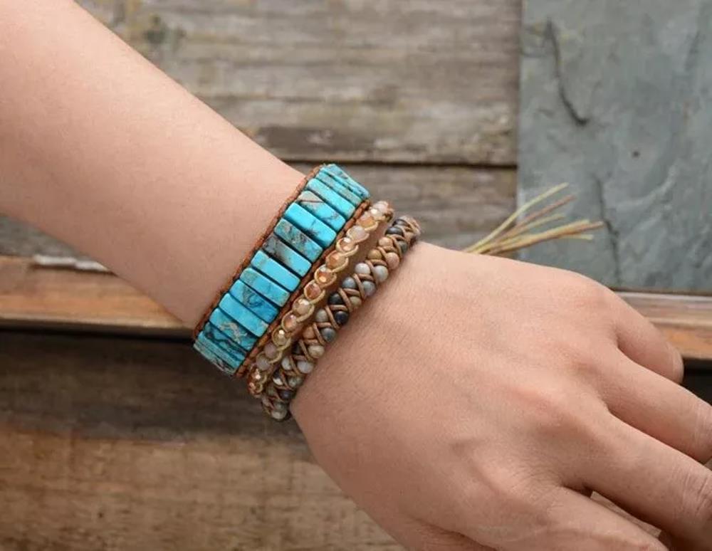 Natural Turquoise Tube Leather Braided Bracelet for Protection Healing Handmade