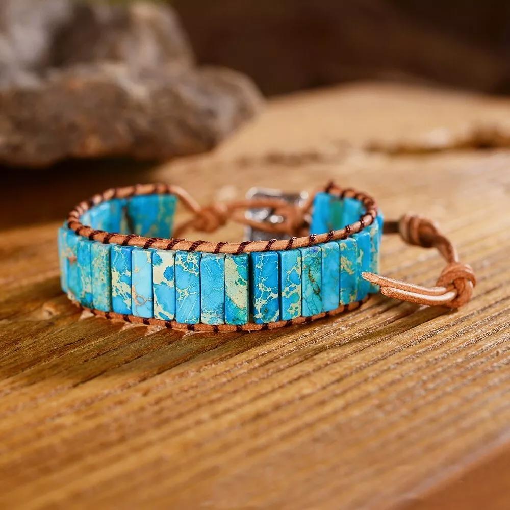 Natural Turquoise Tube Leather Braided Bracelet for Protection Healing Handmade