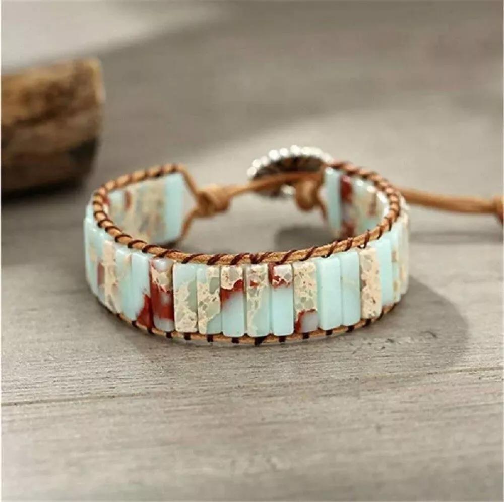 Natural Turquoise Tube Leather Braided Bracelet for Protection Healing Handmade