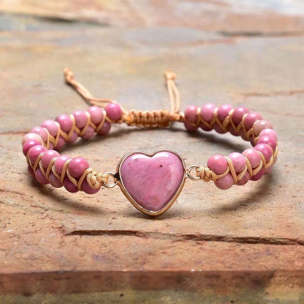 Natural Rhodonite Stone Beaded Bracelet Pink Gemstone Heart Charm Bracelet